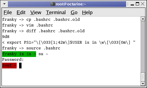 Prompt 1 is "franky ~>; prompt is then changed with "export PS1="\[\033[1;42m\]$USER is in \w\[\033[0m\] " resulting in a green reverse video prompt displaying username and present working directory in humanly readable form. Prompt for root is set using a similar PS1 configuration to be bright red reverse video.